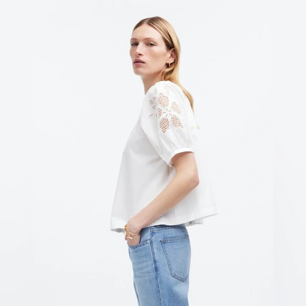 Madewell Embroidered Puff-Sleeve A-Line Top | White | Size L